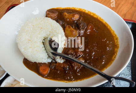 Eine Schüssel mit japanischen Curry mit geschmolzenem Rindfleisch, Karotten, Kartoffeln und Reis Stockfoto