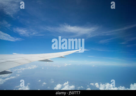 Flügel eines Flugzeugs fliegen über den Wolken Stockfoto