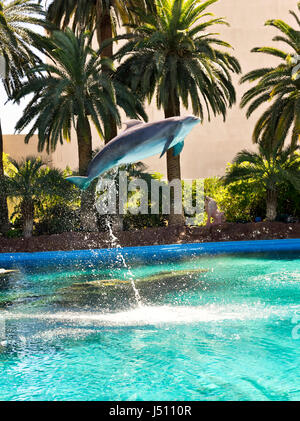 Osbourne die Dolfin springt aus dem Wasser auf Comand von seinem Trainer im Mirage, Secret Garden in Las Vegas, Nevada. Stockfoto