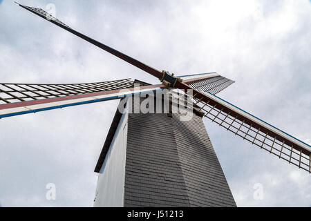 Detailansicht des historischen Windmühle auf kleinen Hügel in der Natur in Brugge, Belgien hautnah. Stockfoto