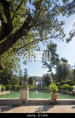 Blick in Richtung der Fischteiche, der Neptun-Brunnen (Fontana di Nettuno) und der Brunnen der Orgel, Villa d ' Este, Tivoli, in der Nähe von Rom, Italien Stockfoto