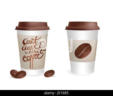 Plastik Kaffee Becher Set mit Bohnen und nicht verlassen, ohne Kaffee Inschrift. Isolierte Vektor Icon Illustration Stock Vektor