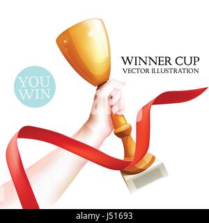 Hand, die Trophäe. Winner Cup Vektorgrafik. Red Ribbon. Weißem Hintergrund Stock Vektor