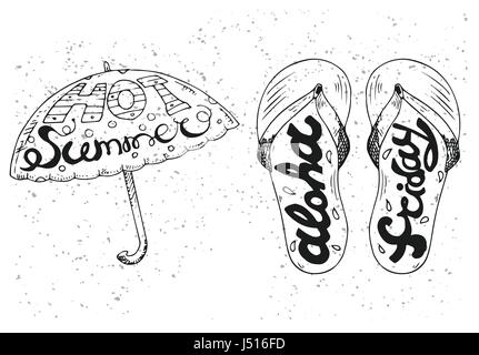 Hipster handgezeichnete Regenschirm und Flip Flops. Vektor-druckbare Typografie für Plakate, Flyer, Karten, T-Shirts. Stock Vektor