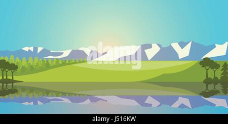 Vektor Landschaft mit Bergen, See und Feld. Ländliche Landschaft Illustration. Stock Vektor