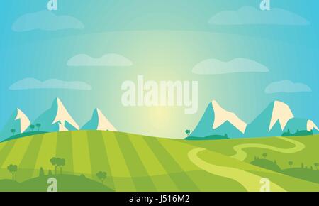 Vektor-Landschaft mit sonnigen Feld und Berge. Bauernhof Landschaft Illustration. Stock Vektor