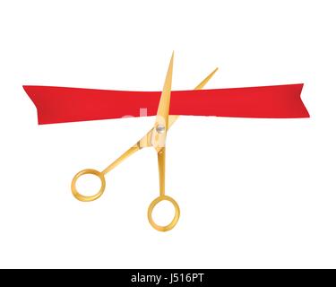 Goldene Schere schneidet das rote Band. Das Symbol des Grand Opening Event. Vector-Objekt. Design-Element. Stock Vektor