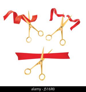 Goldene Schere schneidet das rote Band. Das Symbol des Grand Opening Event. Vektor-Objekt-Set. Design-Element. Stock Vektor