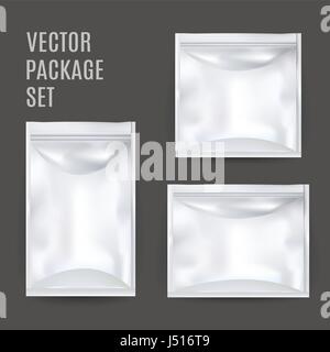 Weiße leere Folie Essen Beutel Snacktasche Verpackungen für Kaffee, Salz, Zucker, Pfeffer, Gewürze, Beutel, Süßigkeiten, Chips, Cookies. Vektor Mock-Up Illustration Stock Vektor