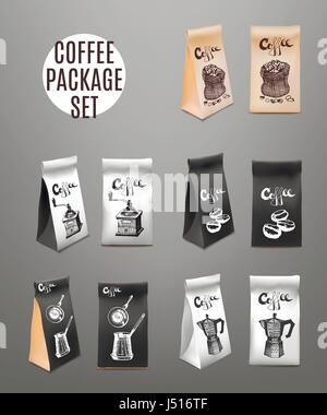 Kaffee Verpackung Designset. Vorlage für Getränkeprodukt. Isoliertes Objekt. Vektor-Illustration. Stock Vektor
