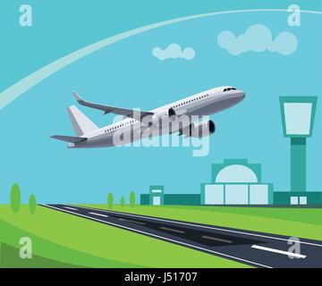 Flughafen mit Start-und Landebahn und fliegenden Flugzeug Concept Illustration. Vorlage für die Infografik. Stock Vektor