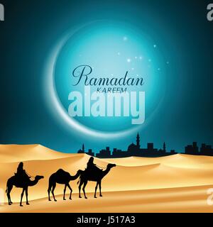 Ramadan Kareem Mond Vector Hintergrund in der Nacht mit Kamelen reiten in der Wüstensand gehen in die Nahen Osten Stadt für den heiligen Monat. Stock Vektor