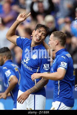 LEONARDO ULLOA feiert LEICESTER CITY V EVERTON die KING POWER STADIUM LEICESTER ENGLAND 16. August 2014 Stockfoto