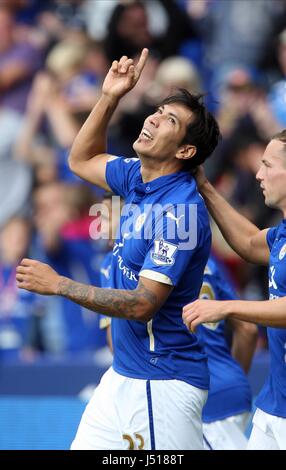 LEONARDO ULLOA feiert LEICESTER CITY V EVERTON die KING POWER STADIUM LEICESTER ENGLAND 16. August 2014 Stockfoto