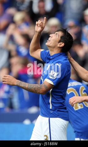 LEONARDO ULLOA feiert LEICESTER CITY V EVERTON die KING POWER STADIUM LEICESTER ENGLAND 16. August 2014 Stockfoto