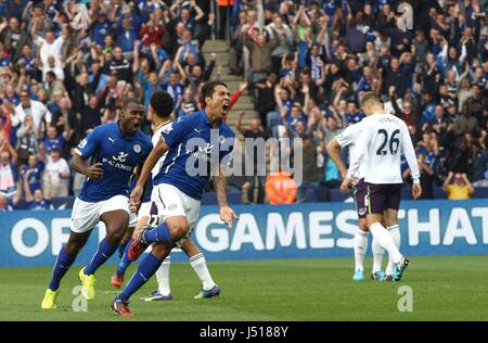 LEONARDO ULLOA feiert LEICESTER CITY V EVERTON die KING POWER STADIUM LEICESTER ENGLAND 16. August 2014 Stockfoto