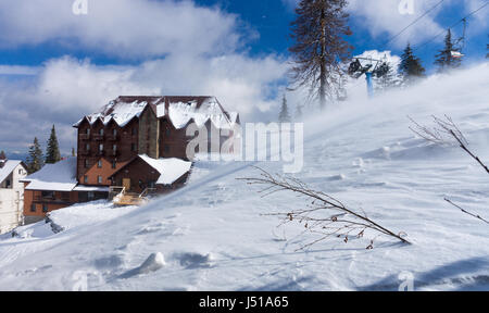 Wind weht Schnee in der Nähe von Hütten zwischen schneebedeckten Tannen im Wald an einem sonnigen Tag Stockfoto