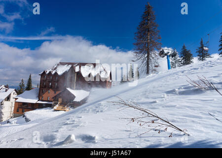 Wind weht Schnee in der Nähe von Holzhütten zwischen schneebedeckten Tannen im Wald an einem sonnigen Tag Stockfoto