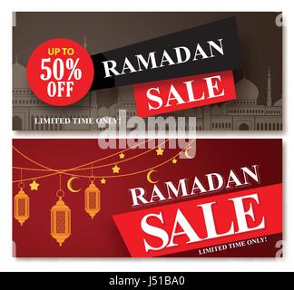 Ramadan Verkauf Vector Banner Design Set für shopping Rabatt-Aktion mit Moschee und Laterne Element in einen Hintergrund. Vektor-Illustration. Stock Vektor