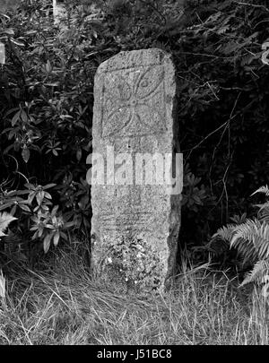 Eine piktische Symbol auf Isle of Raasay vor Skye, Schottland, mit heidnischen & christliche Symbole wie ein Flabellum (rituelle Lüfter) mit gleich Arm Steinkreuz. Stockfoto