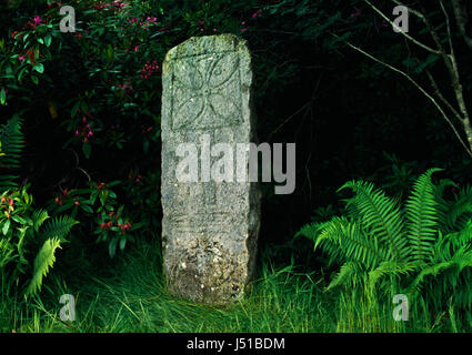Eine piktische Symbol Stein auf Isle of Raasay vor Skye, Schottland, mit christlichen & heidnische Symbole: ein Flabellum (rituelle Lüfter), zerbrochenes Schwert oder Stimmgabel, C Stockfoto
