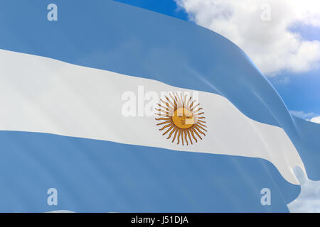3D rendering von Argentinien Fahnenschwingen auf blauen Himmelshintergrund, Independence Day 9 Juli ist, der Tag der Staatsflagge ist der Urlaub im Zeichen der Stockfoto