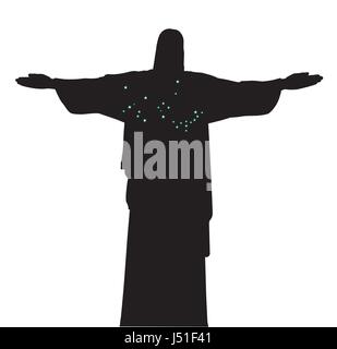 Die Statue von Christus dem Erlöser in Brasilien in der Silhouette mit Sternen auf weißem Hintergrund Stock Vektor