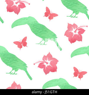 Tropischen Musterdesign mit roten Blumen, Schmetterlinge und Tukan Vogel Stockfoto