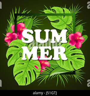 Sommer Hintergrund mit roten tropischen Blumen und grünen Palmen lässt sich im Rahmen. Stockfoto