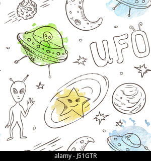 Doodle Musterdesign Raumschiff mit Außerirdischen auf einem weißen Hintergrund Stockfoto