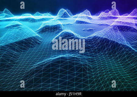 3D-Illustration abstrakte digitale Wireframe Landschaft. Cyberspace Landschaft Raster. 3D Technologie. Internet-Verbindung im Bereich Cloud computing, Commu abstrakt Stockfoto