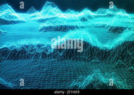 3D Illustration Landschaft Hintergrund. Cyberspace Landschaft Raster. 3D Technologie. Abstrakte blaue Landschaft auf schwarzem Hintergrund mit Lichtstrahlen Stockfoto