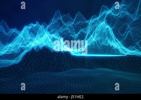 3D-Illustration abstrakte digitale Wireframe Landschaft. Cyberspace Landschaft Raster. 3D Technologie. Internet-Verbindung im Bereich Cloud computing, Commu abstrakt Stockfoto