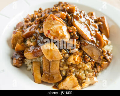 Würzige Mapo Tofu mit Mett und Pilzen auf Jasminreis brown Stockfoto