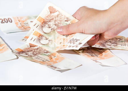 Nahaufnahme von weiblicher Hand, die tschechischen Banknoten isoliert auf weißem Hintergrund Stockfoto
