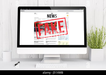 3D Rendering gefälschte Nachrichten auf Computer. Alle Bildschirm-Grafiken bestehen. Stockfoto