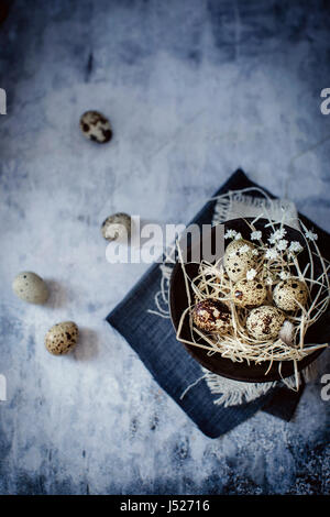Frische Bio Wachteleier in einer Schüssel auf Vintage-Hintergrund Stockfoto