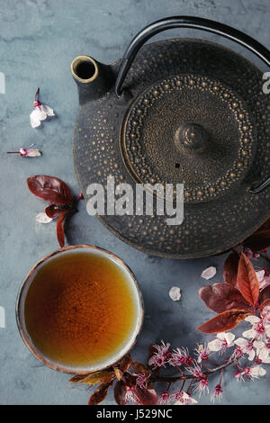 Schwarzes Eisen-Teekanne und traditionelle Keramik Tasse Tee mit Blüte rosa Blumen Kirsche Zweig über grau blau Metall Textur Hintergrund. Draufsicht mit sp Stockfoto