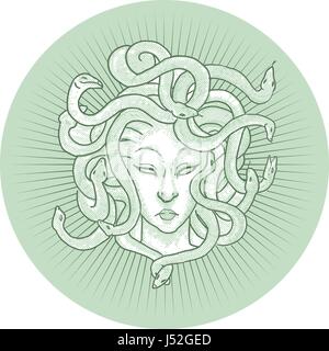 Medusas Kopf Vektor, Gesicht Emblem der griechischen Göttin Medusa, Frau mit Schlange Haar Stock Vektor