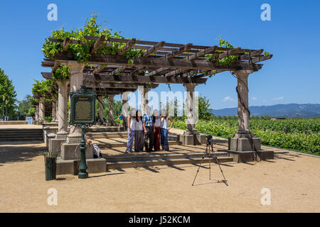 Leute, Touristen, Gruppenfoto, Gruppenfoto, Gruppenbild, Weingut, Kaminecke, Rutherford, Napa Valley, Napa County, Kalifornien Stockfoto