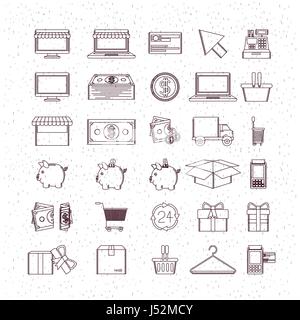 monochrome Set von Icons von kaufen und verkaufen, Einsparungen und Versand und Zahlung Stock Vektor