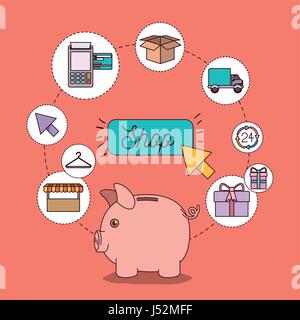 Lachs Lichtfarbe Hintergrund mit Shop Symbole und Einsparungen bei den Sparschweinchen Stock Vektor