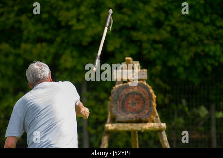 Runde werfen Targets aus axtwerfen Edelholz. Timberhitch, Axtwerfen und Instinktives Bogenschießen auf Tatton Park, Knutsford, Cheshire, Großbritannien Stockfoto