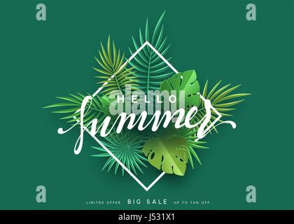 Hallo Sommer Banner tropischen Hintergrund. Sommersaison, verlässt Design Poster mit grün. Stock Vektor