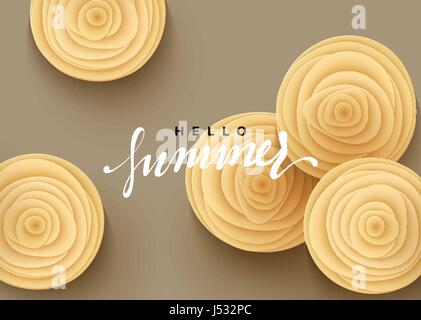 Hallo Sommer Banner. Schöne Rosen im Stil der Kunst Illustration Papier Blumen Stock Vektor