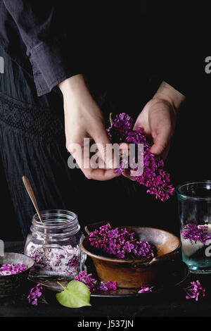 Weibliche Hände zupfen lila Blumen aus Haufen Vintage Kupfer Schüssel. Glas lila Blumen in Zucker und Glas lila Wasser mit Zitrone auf schwarz Stockfoto