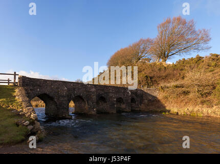 Blick auf Landacre Brücke und der Fluß Barle, im Exmoor National Park, Somerset an einem sonnigen Nachmittag. Stockfoto