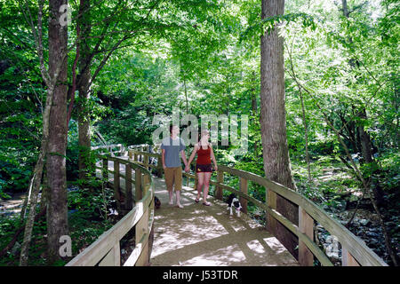 Arkansas Ozark Mountains, Blanchard Springs Erholungsgebiet, Mann Männer männlich, Frau weibliche Frauen, Paar, Hund, Welpe, romantischer Spaziergang, Spaziergang, Wald, Gehweg, Bäume, h Stockfoto