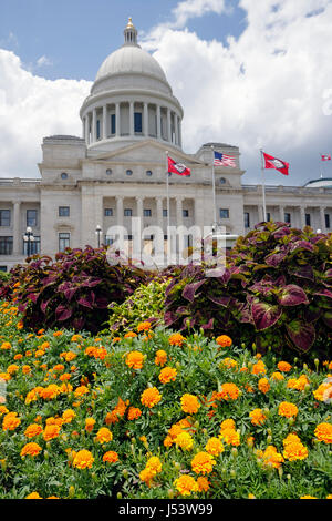 Little Rock Arkansas, State Capitol Gebäude, neoklassischer Stil, einheimischer Kalkstein, Kuppel, ionische Säulen, Staatsflagge, Treppen Treppe, außen Stockfoto