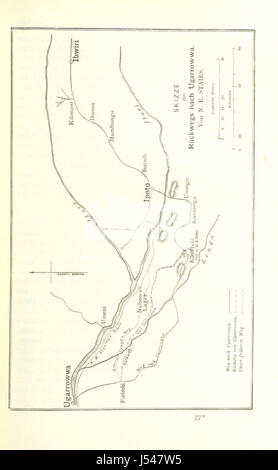 Dieses Bild stammt aus dem Buch „im dunkelsten Afrika“, einer deutschen Übersetzung von „in Dark Africa“ von Henry Morton Stanley, einer Memoire, die seine Erforschung Afrikas im 19. Jahrhundert dokumentiert. Das Buch ist ein historischer Bericht über Stanley's Reise in Afrika. Stockfoto